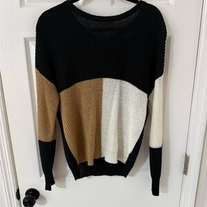 Color-Block Sweater in Black, Tan, and Cream, Size M